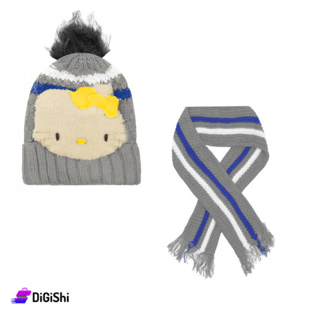 Set of Woolen Child's Scarf & Hat With Hello Kitty Shape - Gray