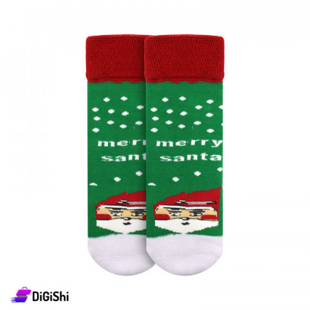 Pairs of Women's Towel Medium Socks with a Merry Santa - Green