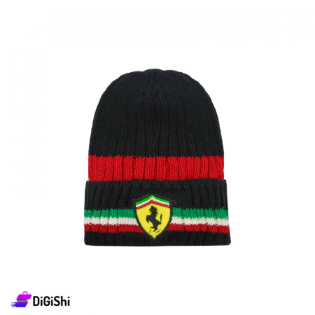 Men's Wool Cap with Ferrari Logo and Colored Lines - Black & Red