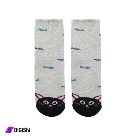 جوارب نسائية ساق وسط رسمة قطة ZOX Plus - رمادي