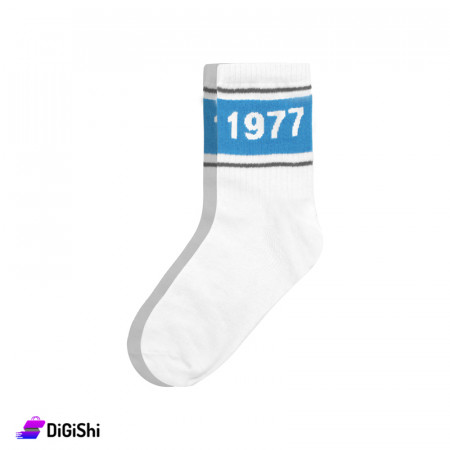 ZOX Plus Pair of Women's Long Socks with 1977 Logo - White & Blue