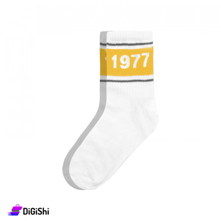 ZOX Plus Pair of Women's Long Socks with 1977 Logo - White & Yellow