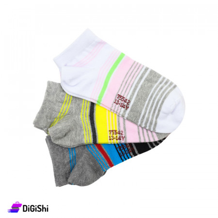 Al Samah Set Of Girl's Short Striped Socks (white, dark and light grey)
