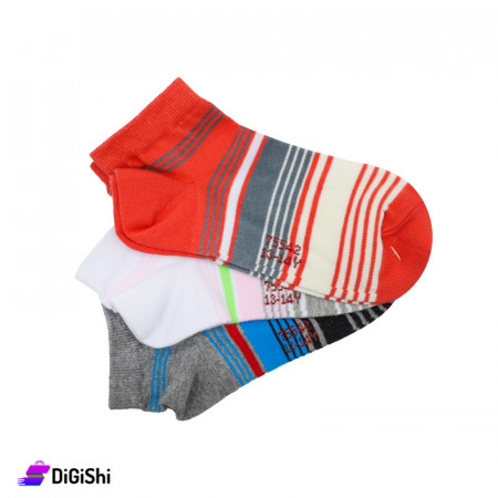 Al Samah Set Of Girl's Short Striped Socks (red, white and grey)