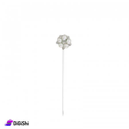 Rose Shape Pin With Strass and Pearl - Silver