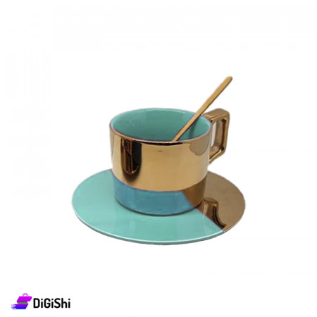 Round Porcelain Coffee Cup with Saucer and Spoon - Bronze and Blue