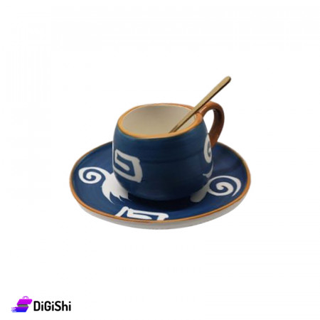 Round Porcelain Coffee Cup with Saucer and Spoon with Ornament - Dark Blue