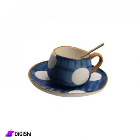 Round Porcelain Coffee Cup with Saucer and Spoon with Circles - Dark Blue