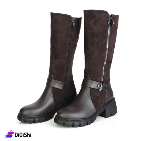 Women's Long Leather & Chamois Boots with Side Zip - Dark Brown