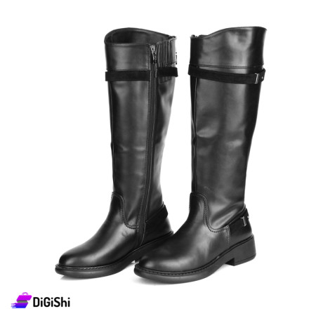 Women's Long Leather Boots with Velvet Strap - Black