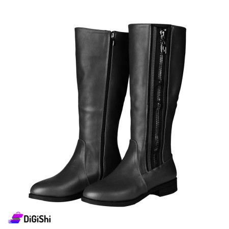 Women's Long Leather Boots with Side Zip - Black