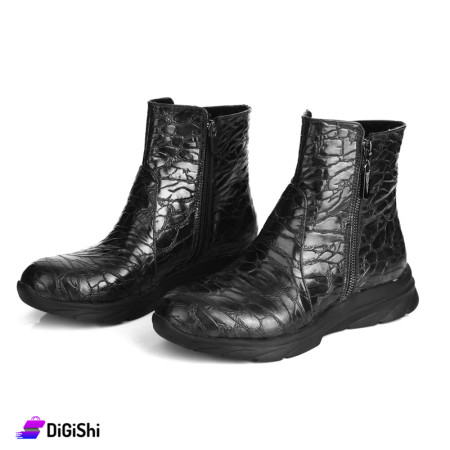Women's Short Shiny Croc Leather Boots with Two zipper - Black