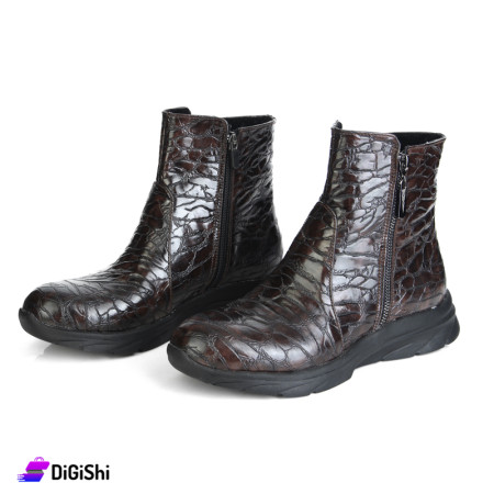 Women's Short Shiny Croc Leather Boots with Two zipper - Brown