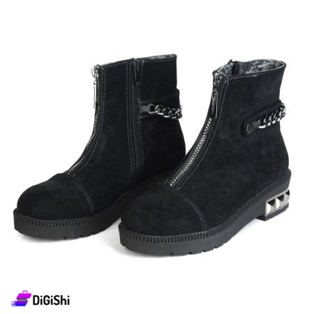 Women's Short Chamois Boots with Chain And silver metal on the sole - Black