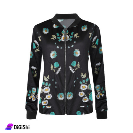 Women's Short Cotton Lycra Floral Jacket - Black