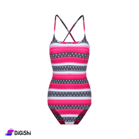 Women's Polyester One Piece Swimsuit with tie on the Back - Fuchsia and White