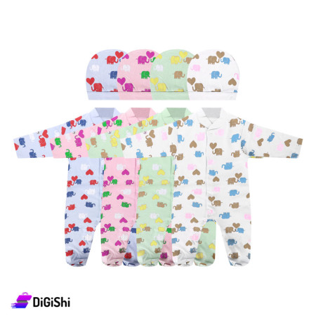 Children's Cotton Overalls with Cap and Elephants Print
