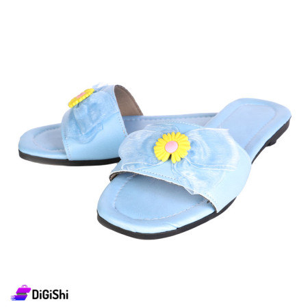 Women's Leather Slippers With Ribbon And Flower - Blue