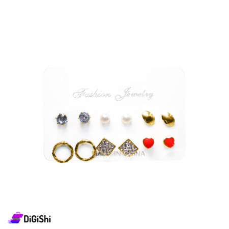 Set of Golden Earrings Pairs with Pair of Hearts Earrings And Pearls Earrings