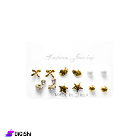 Set of Golden Earrings Pairs with Pair of Stars Earrings