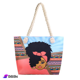 Women's Handbag With Girl's Drawing of Curly Hair - Blue and Apricot