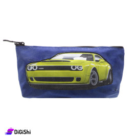 Single Layer Leather Pencil Case with Yellow Car Design - Blue