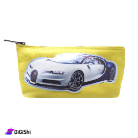 Single Layer Leather Pencil Case with White Car Design - Yellow