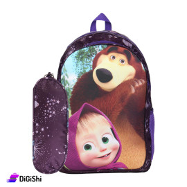 Masha and the Bear Three Layer School Backpack with Case - Purple