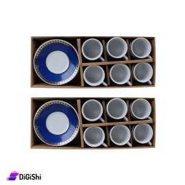 Set of Coffee Cups And Saucers Blue Oval Circles Print - White