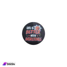 Pin-Back Button - Black With A Basket And An English Phrase