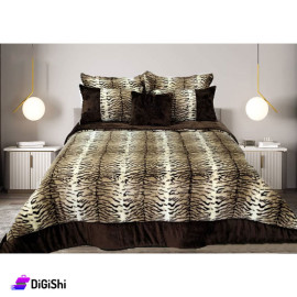 Set Rabbit Fur Double Bed Cover 6 Piece - Beige and Dark Brown