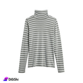 Women's Rip Lycra High Neck Sweater with White Stripes - Gray