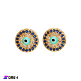 Round Gold Earrings Decorated With Silver And Blue Zircon