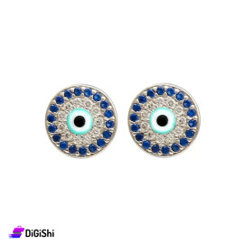 Round Silver Earrings Decorated With Silver And Blue Zircon