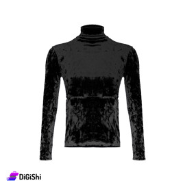 High Neck Crystal Velvet Sweater - Black