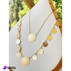 Women's Double Chain Necklace Shape of Gold Coins