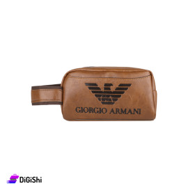 حقيبة يد رجالية جلد مع شعار أسود Giorgio Armani - عسلي