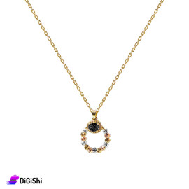 Women's Necklace with Circular Pendant and Black Zircon Stone - Gold