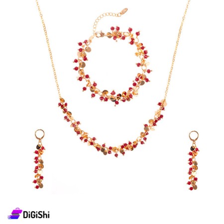 Necklace, Bracelet and Earrings Set Red Beads