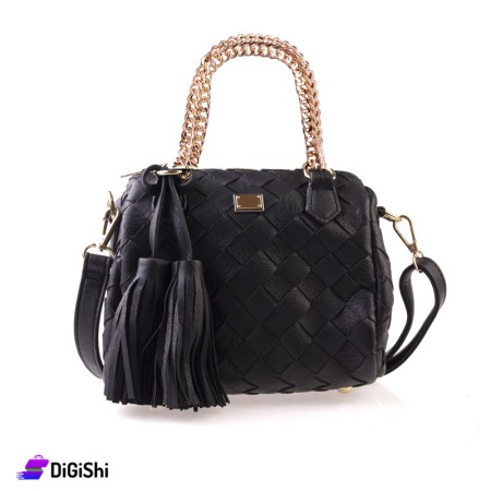 Women's Leather Shoulder and Handbag With Thick Chain Handle - Black