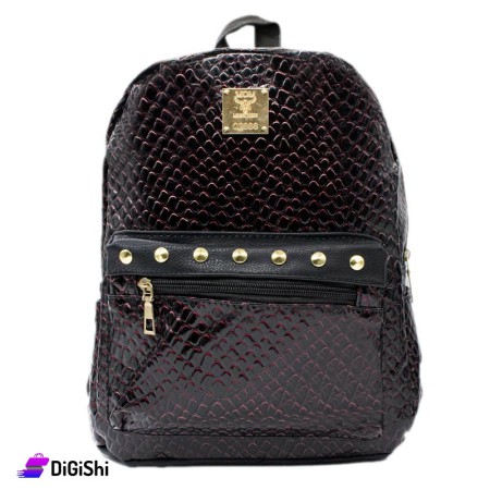 Women's Snake Leather Backpack - Dark Red and Black