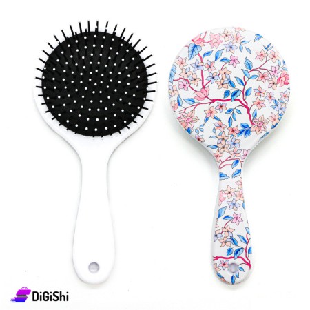 Large Round Hair Brush with Flowers - White