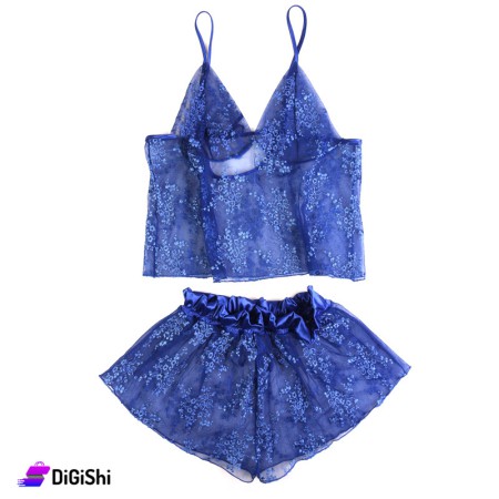 Embroidered Chiffon Lingerie Set - Blue