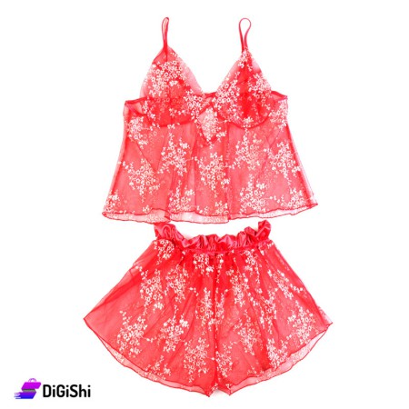 Embroidered Chiffon Lingerie Set - Red
