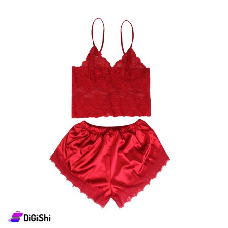 Lace and Satin Lingerie Set - Red