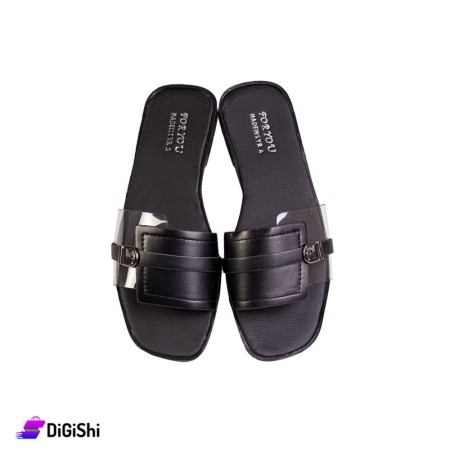 Leather and Transparent Silicone Summer Slippers - Black
