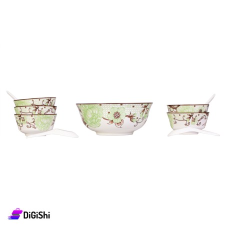 Porcelain Bowls Set with Spoons - Light Green