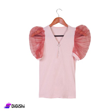 Women's Cotton Ribbed T-Shirt and Chiffon Sleeves- Light Pink