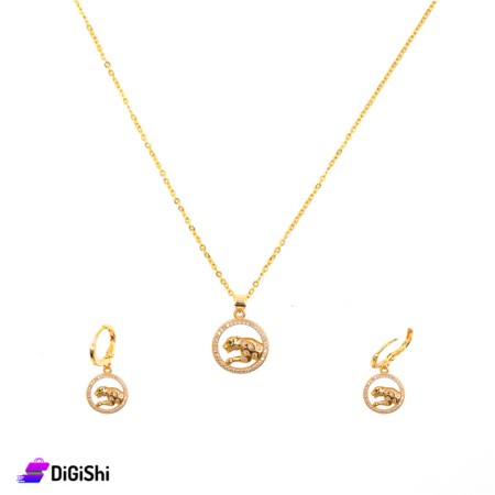 Zircon Stone Necklace and Earrings Set in the Form of a Tiger and loop With Zircon - Golden