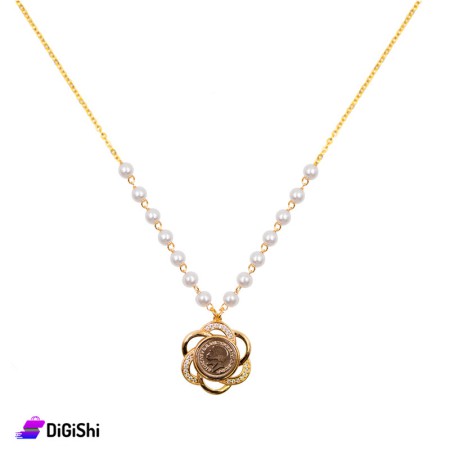 Collar With Pearls and Zircon Gold Coin in the Shape of a Rose - Golden